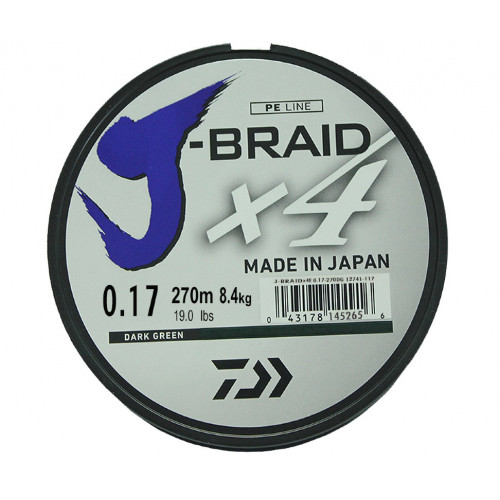 Леска плетеная Daiwa J-Braid X4 270м 0,17мм (8,4кг) зеленая Леска плетеная Daiwa J-Braid X4 270м 0,17мм (8,4кг) зеленая